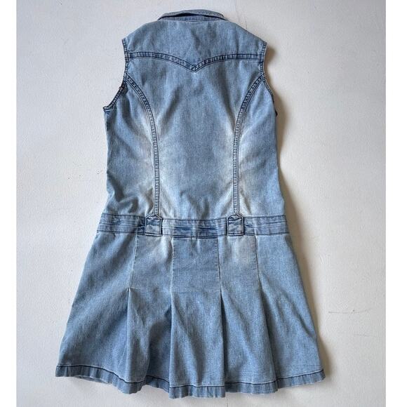 Vtg Y2K Denim Button Up Pleated Mini Dress QZYZ Sleeveless Size L - Picture 6 of 9